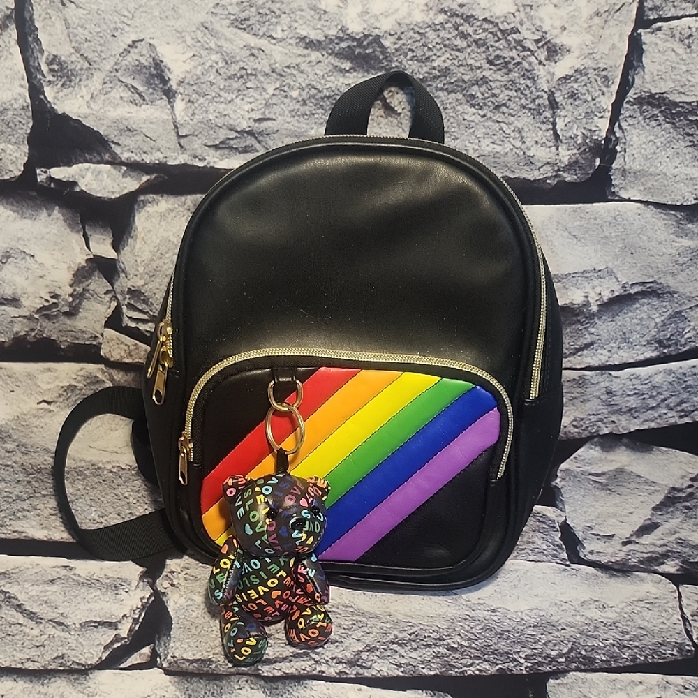 Claire's Black Backpack with Rainbow Accents and Bear Charm